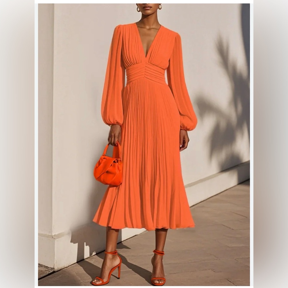 Fehaute Elegant Orange Pleated V-Neck Midi Dress